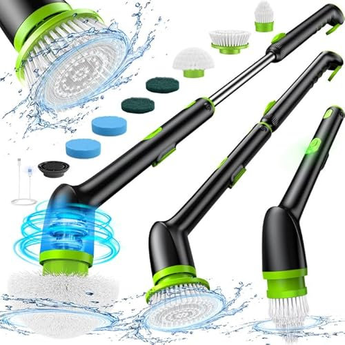 LyriFine Elektrische Reinigungsbürste, Neue Vollkörper-IPX7-Wasserdichte Electric Cleaning Brush, Elektrische Reinigungsbürste Haushalt mit langem Griff,2 Geschwindigkeiten, Grün