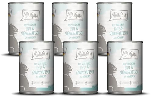 MjAMjAM - Premium Nassfutter für Katzen - DUO von zarter Ente & Süßwasserfisch an Möhrchen, 6er Pack (6 x 400g), getreidefrei mit extra viel Fleisch