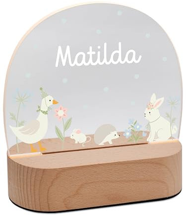 Bärenfreunde® - Personalisiertes Nachtlicht für Babys - Individuelle Nachttischlampe für Kinder - Personalisierte Geschenke Kinder - Babygeschenk - Geschenk zur Geburt (Gans Hase Blumen)