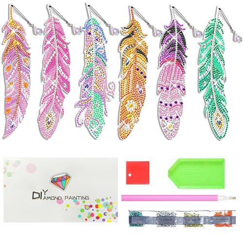 Jizxol Diamond painting kinder, Basteln mädchen 6 7 8 9 10 11 12 Jahre, diamond painting lesezeichen, geschenk mädchen, Lesezeichen Feder Form Strass mit Kristall Anhänger für Seiten Markierungen.