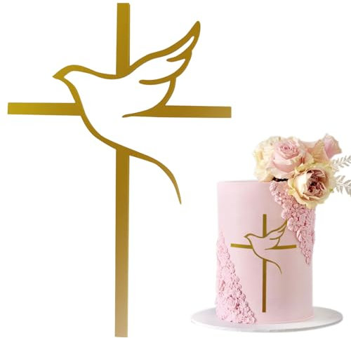 AWAVM 1 Stk Kuchendeko Kreuz Cake Topper Taube Gold Acryl Torte Deko, Schillernder Spiegeleffekt für Hochzeit, Geburtstag, Weihnachten, Party & mehr, Kreuz und Blätter (A)