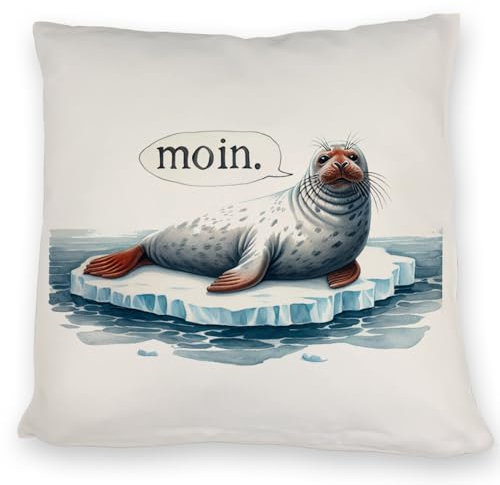 Robbe auf Eisscholle Kissen mit Spruch Moin Dickes Tier EIN Meeressäuger liegt auf EIS Perfekt für Kälte-Liebhaber und Antarktis-Fans Maritim