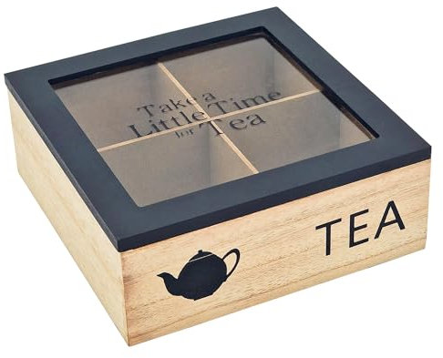 Boîte à tisanes en bois, boîte à thé carrée de 4, porte The Sachets Noir 18 x 18 x 7 cm