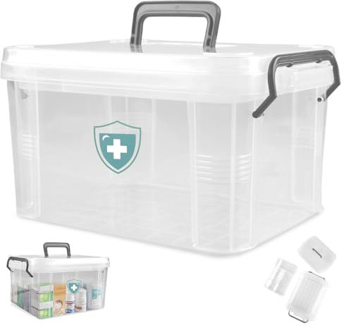 MEGYAD Caja de almacenamiento de medicamentos: 23,5 x 17 x 13,5 cm, doble capa, medicamentos, caja grande con asas (transparente)