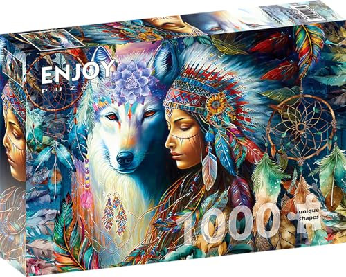 1000 Pieces Jigsaw Puzzle – Matte Finish, Soft Touch, Sturdy and Unique Pieces, Tight Fit, Vivid Colors, Missing Pieces Service – Native Woman and Wild Wolf Portrait with Dreamcatcher by ENJOY Puzzle