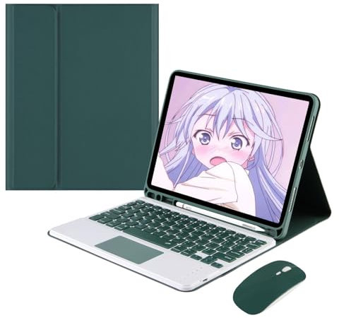 Étui Clavier Magnétique pour iPad Air 5 2022/ Air 4 2020 10,9 Pouces avec Porte-Crayon, Coque Arrière Souple Housse avec QWERTY Clavier Bluetooth Multi-Touch et Souris Rechargeable, Vert Foncé
