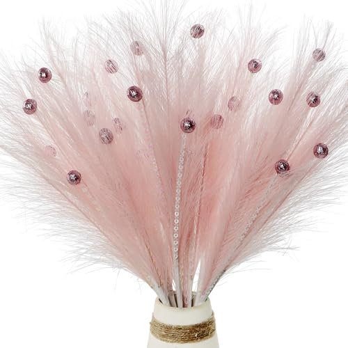 Pack of 4 Christmas Feather Sequins Berries Picks, 40cm Christmas Tree Large Feathers Glittering Sequins Berries Decorations for Xmas Decor Crafting Home Decorative Vase filling (Pink)