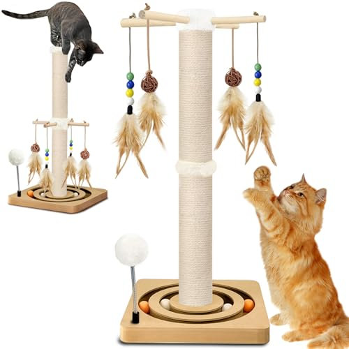 Katzenkratzbaum, Sisal, Interaktives Möbelspielzeug für Indoor-Katzen Erwachsene, 2 Befestigungsmethoden Kratzbaum Turm mit Aufhängung und Kugelbahn, Aktivitätszentrum für Kätzchen, 63,5 cm
