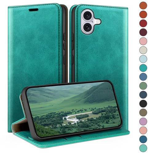 HUOUH for iPhone 16 6.1 Wallet case with RFID Blocking PU Leather,Flip Folio Book covers,Credit Card Holder Shockproof Phone case Women Men for Apple 16 case Blue Green