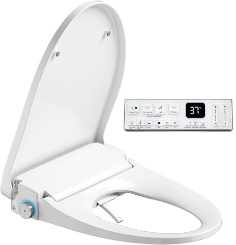 Hilarily Electric Heated Bidet Toilet Seat, Elongated, White, Modern, Minimalist, Oval, Warm Water, Dryer, Bubble Wash, Massage, Kids Model, Night Light