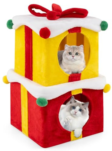 COSTWAY Set 2 Cuccia Cane Interno a 2 Piani, Tiragraffi per Gatto a Forma di Scatola di Natale in Tessuto e MDF, Lettino Gatto Interno per Inverno, Rosso e Giallo