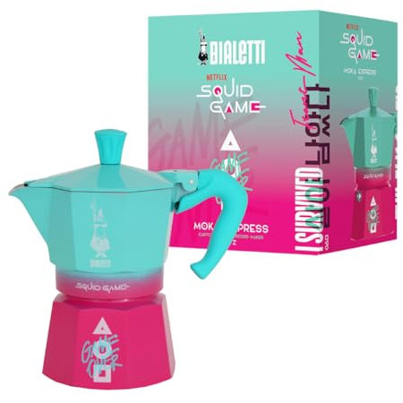 Bialetti Moka Express Squid Game© 3 Tazas, No Apto para Inducción, 130ml, Aluminio