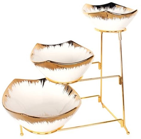 jinsongdafa 3-Tier Serving Rack Ceramic bowls, Foldable Gold Stand with 18cm/21cm/26cm Gold Rim bowls, for Food Display, Fruit, Dessert Server Decoration for Parties Entertaining