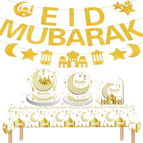 50 PCS Eid Tableware Set,Eid Mubarak Banner,White Gold Glitter Tablecloth Paper Plates Napkins,Eid Decorations for Home,Star and Moon for Eid Ramadan Party Decorations Supplies