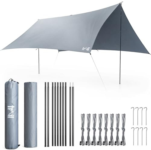 Trail Camping Tarp Shelter with Poles (3m x 3m), Lightweight Waterproof 4000mm HH, UPF50+ UV Protection, Outdoor Hiking Hammock Rain Fly, Portable Heavy Duty Tarpaulin with Pegs, Guy-Lines & Bag