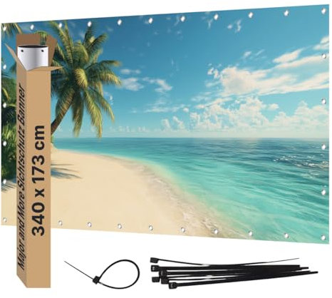 Major and More Sichtschutz Banner PVC Garten Dekoration Plane groß mit Motiv blickdichter Motivbanner für Terrasse Zaun Gartenzaun Zaunblende Gartenposter (340x173 cm, Strand)