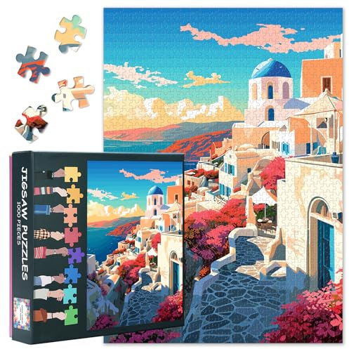 Santorini Landschafts Puzzle 1000 Teile Erwachsene - Griechische Inselidylle mit Vintage-Stil, Premium Panorama Puzzle 70x50 cm