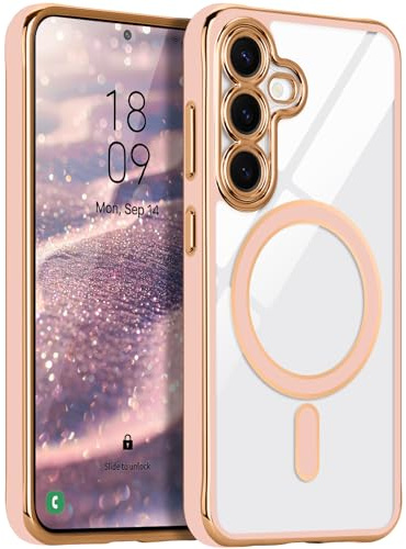 LCHULLE Coque Magnétique pour Samsung Galaxy S23 FE Coque Transparente [Compatible avec Magsafe] Protection pour Appareil Photo Housse Antichoc Case galvanique Étui Silicone, Rose