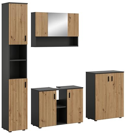 xonox.home – 4 TLG. Badkombination Mone 200x192x30 cm in Korpus Basalt Nachbildung und Front Artisan Oak Nachbildung – Moderne Badezimmermöbel Kombination – stilvoll, kompakt & vielseitig einsetzbar