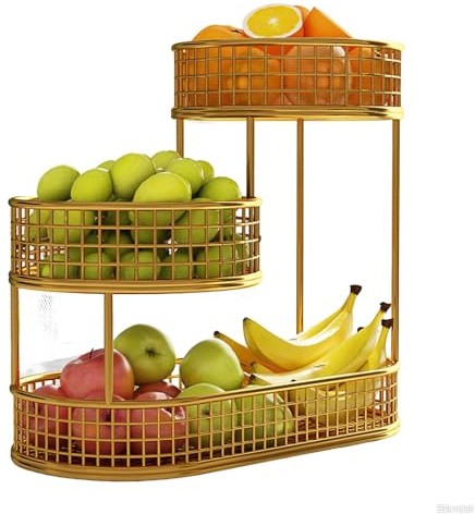Obstkorb Etagere 3 Stöckig Fruit Basket Obstschale Obstaufbewahrung für Mehr Platz auf der Arbeitsplatte - Hält Obst & Gemüse Frisch - Metall Obstständer (Gold, 42X32X21cm)