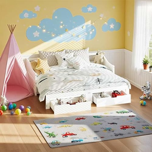 Kinderbett 90/180*200 cm, Ausziehbares Schlafsofa mit 2 Schubladen, Einzelbett mit Lattenrost Lattenrosten, Umwandelbar in Doppelbett, Kiefernbett mit Stauraum, Jugendbett Sofa Couch Bett(Weiß)