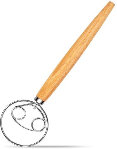 FAYAHAR Batidor de Masa Danes, 33 cm Mezclador de Masa Danes | Acero Inoxidable, Doble Bobina, Mezcla sin Esfuerzo, Fácil de Limpiar, Mango de Madera Ergonómico, para Cocina y Repostería