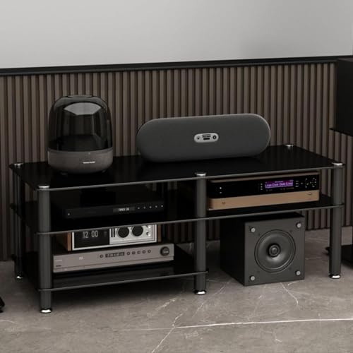 Support Multimédia AV À 2/3 Niveaux, Meuble Stéréo, Support Multimédia Audio-vidéo, Doté De Verre Trempé, Idéal For Les Consoles De Jeux,Les Lecteurs DVD(Black)