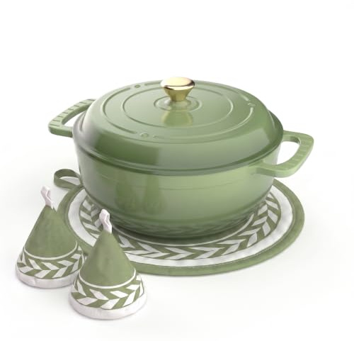 ROVSON Enamelled Cast Iron Dutch Oven, Casserole Dish with Lid (Avocado Green, 6, Quarts)