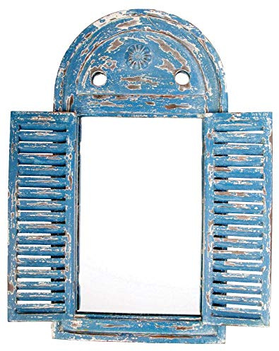 Esschert Design 2 Stück Wandspiegel, Garderobenspiegel im Louvre Stil, verwittertes blau mit Fensterläden, ca. 39 cm x 55 cm