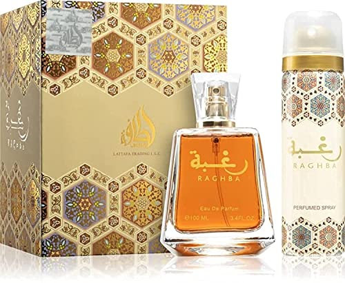 Raghba by Lattafa for Unisex - 2 Pc Gift Set 3.4oz EDP Spray, 1.7oz Perfumed Spray