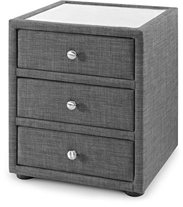 Julian Bowen Sorrento Bedside Table, 3 Drawer, Grey - H55 x W45 x D45cm | Contemporary Nightstand for Bedroom, No Assembly Needed, Upholstered Sides, Glass Top, 3 Drawers, Practical Storage End Table