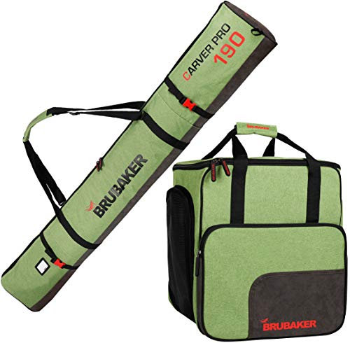 BRUBAKER Kombi Set Carver Performance - Skisack und Skischuhtasche für 1 Paar Ski + Stöcke + Schuhe + Helm - Grün meliert Schwarz - 190 cm