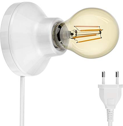 ledscom.de E27 Porzellan Lampen-Fassung Elektra, rund mit Stecker und Schalter, weiß 90mm inkl. E27 Leuchtmittel 471lm Gold extra-warmweiß