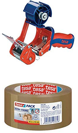 tesa Packband Set (1x 6400 Handabroller COMFORT + 2x tesapack Ultra Strong Paketband) - Robuster Profi-Abroller inkl. PVC-Klebeband in Braun - 66m x 50mm