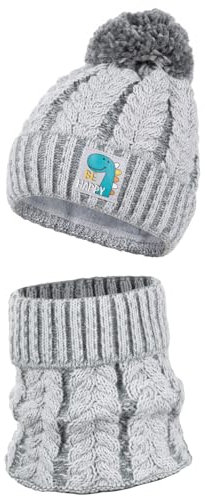 AJS Jungen Wintermütze Strickmütze mit Schlauchschal Winterset Schornsteinschal, Farbe: Hellgrau, Einheitsgröße