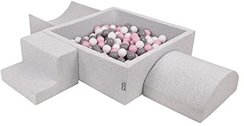 KiddyMoon Spielplatz Aus Schaumstoff Mit Quadrat Bällebad (200 Bälle) Ballgruben Für Babys Spielbad Hindernisläufen, Hergestellt In Der EU, Hellgrau:Weiß/Grau/Puderrosa