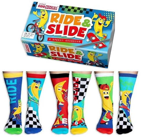 United Oddsocks Ride & Slide, 6 Speedy Banana-Themed Oddsocks Gift Box for Boys – UK 12–5.5, EUR 30.5–38.5, US 13.5–8 – Skateboard & BMX Fun Socks for Kids Who Love to Ride, Skate, and Go Bananas!