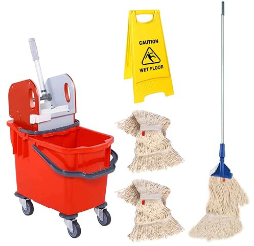 Bayersan Mop Bucket & Water Wringer Floor Cleaning Kit | Kentucky Mopping Bucket | Mop With Long Handle | 2 Mop Heads | Wet Floor Safety Sign (Red)