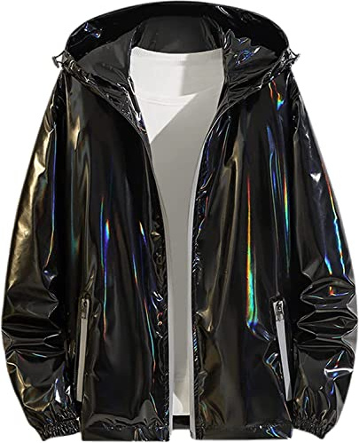 Vagbalena Herren Party Glänzende Kapuzen Langarm Metallic Reißverschluss Jacke Einfarbig Reißverschluss Glänzend Holographisch Kapuzen Trenchcoat Glänzend Kapuzen Lose Herrenmantel