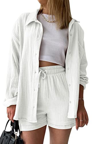 VEVESMUNDO Damen Sommer Musselin Bluse Hemd und Shorts Zweiteiler Set Baumwolle Strand Outfit Set Gr.36 38 40 42 44(Weiß,M)