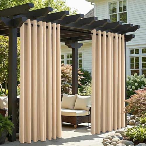Clothink 2er Set Outdoor Vorhang Wetterfest Mit Ösen, Outdoorvorhänge Wasserdicht Outdoor Gardinen Sonnenschutz Sichtschutz für Balkon Pergola Terrasse Veranda (255x215cm, Beige)