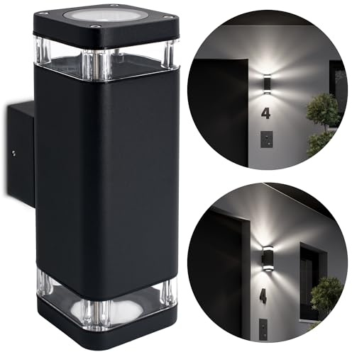 SSC-LUXon ATUNI Außenwandleuchte Up & Down schwarz IP54 3W neutralweiß | Schwarze Außenwandleuchte Up & Down 2-flammig - neutralweiß, inkl. 2x GU10 LED, wetterfest IP54, für Hauswand, Terrasse