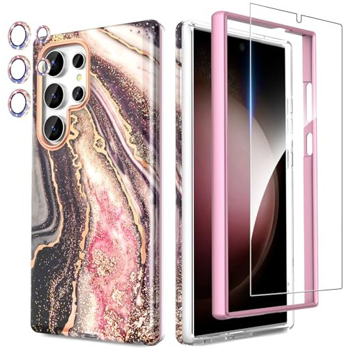 SHEDEER for Samsung S24 Ultra Case with Screen Protector + Bumper & Camera Protector, TPU Shockproof 360° Protection, Galaxy S24 Ultra Case Glossy Fade-Resistant Pattern Phone Case S24 Ultra, Black