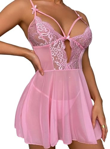 NLAND Femme Lingerie Erothique Hot Dentelle Maille Deux Pièces Ensembles de Lingerie en Dentelle pour Dames Sexy String Lingerie Nuisette Col V Transparent Robe de Nuit 2 Pièces(Rose)