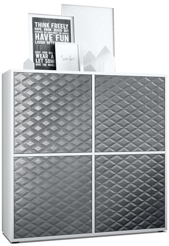 Vladon Highboard Cuba V2, Made in Germany, Anrichte mit 4 Türen und 8 Fächern, Weiß matt/Stahlgrau 3D Struktur (104 x 105,5 x 35,5 cm)
