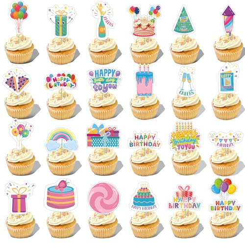 Cupcake-Aufsätze Happy Birthday, 24 Stile, bunte Geburtstagskuchenaufsätze, Cupcake-Picks für Jungen und Mädchen, Partyzubehör, Dekorationen, 24 Stück