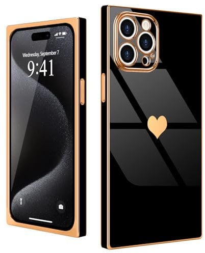 Urarssa for iPhone 15 Pro Case Cute Rectangle Heart Pattern Luxury Gold Plating Cases Women Girls Shockproof Bumper Silicone Protective Cover for iPhone 15 Pro-Black