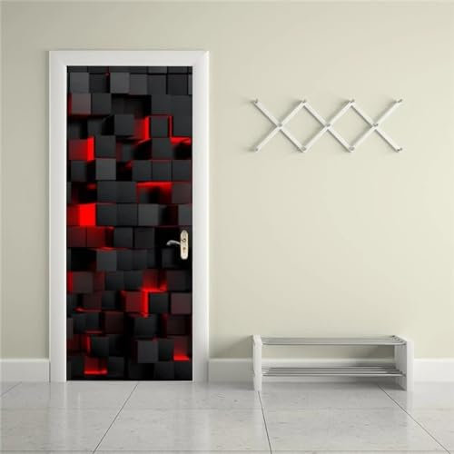 XAONUO 3D Drucken | Tür Bekleben Mit Türtapete Selbstklebend Schwarz Geometrie Quadrate Kreativ 95X215Cm | Tür Verschönern Mit Türfolie | Türaufkleber Xxl Türbilder | Türposter Türklebefolie