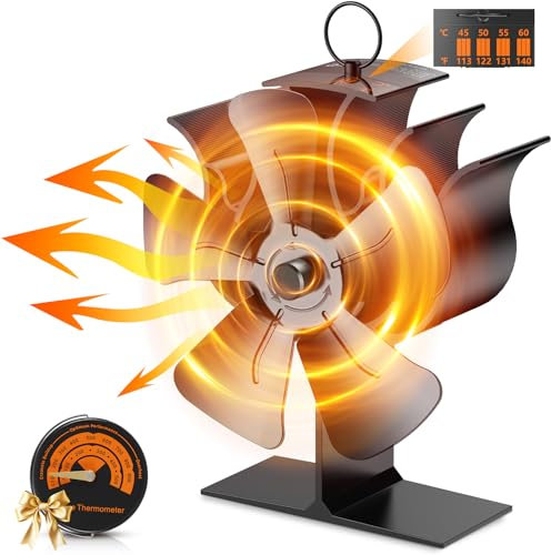 Kaminventilator, Ofenventilator Ohne Strom mit 5 Flügel, Kaminofen Ventilator für Holzofen, Leiser Betrieb Kaminlüfter Warmluftverteile Mit Temperaturanzeige Effiziente Wärmeverteilung für Holzbrenner