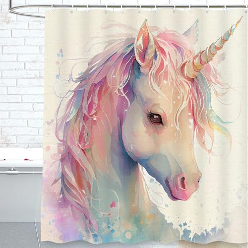 cromcu Ensemble de rideau de douche licorne en polyester imperméable avec 12 crochets, 182,9 x 182,9 cm, lavable en machine pour adultes et enfants